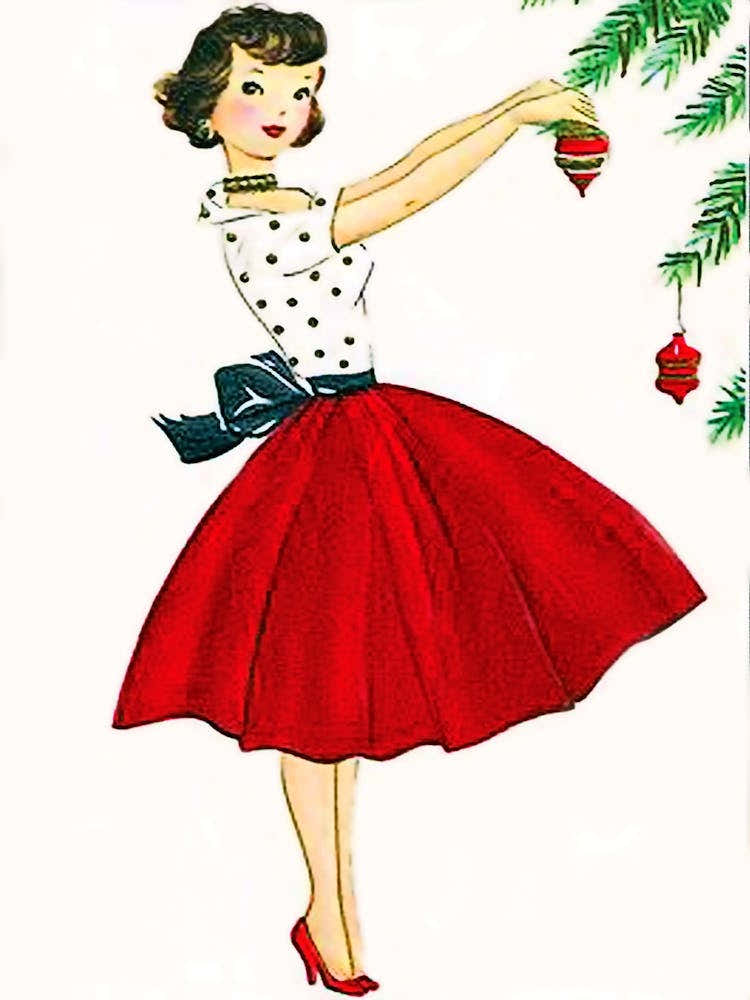 Young Woman In Red Dress Decorating A Christmas Tree