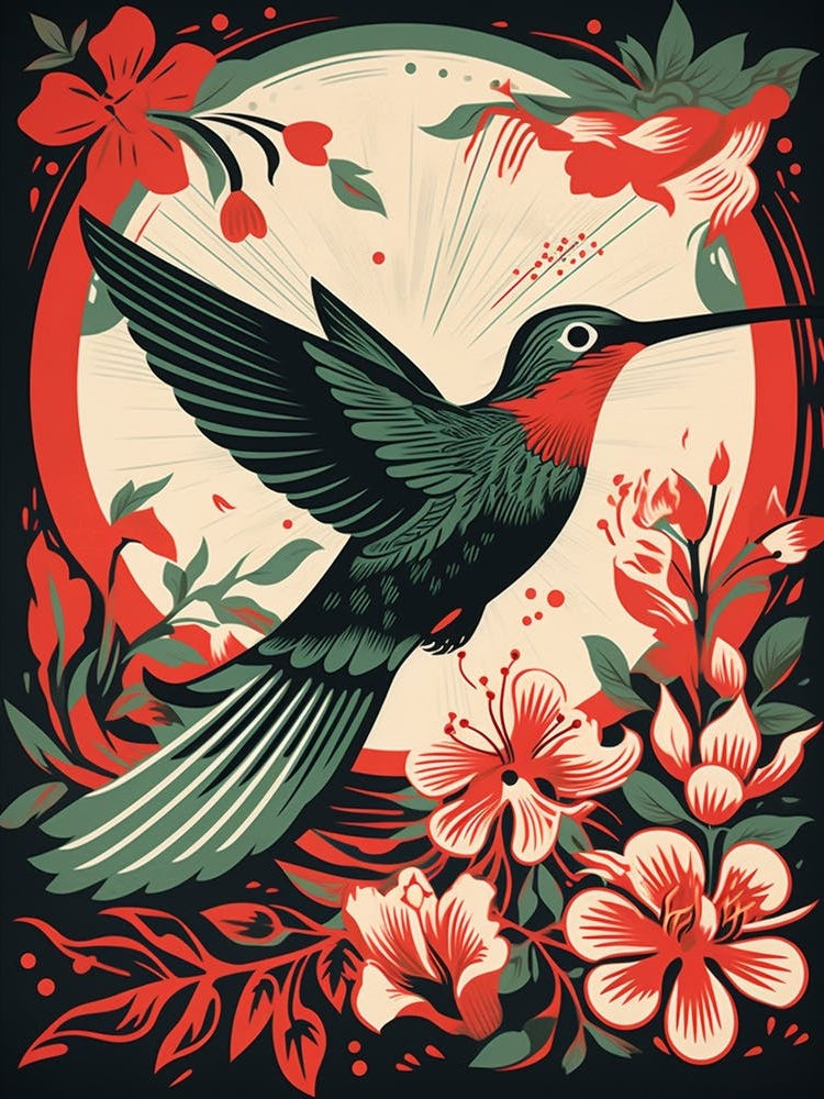 Vintage Bird Linocut Hummingbird 3