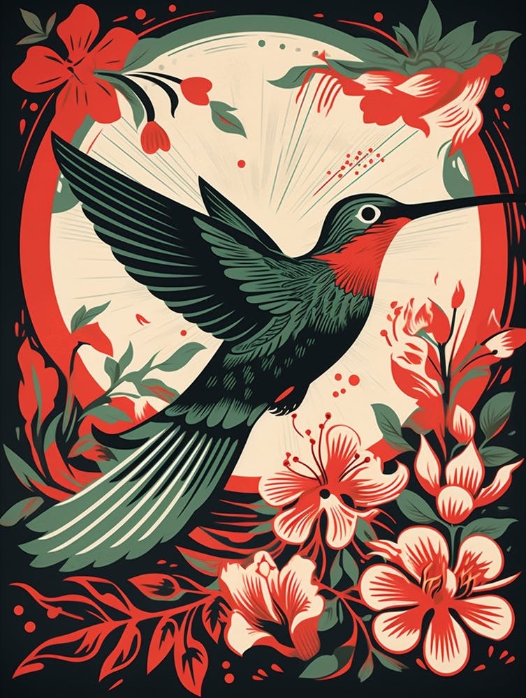 Vintage Bird Linocut Hummingbird 3