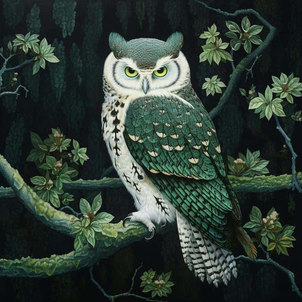 Ohara Koson Inspired Bird Painting Eastern Screech Owl 4 Square