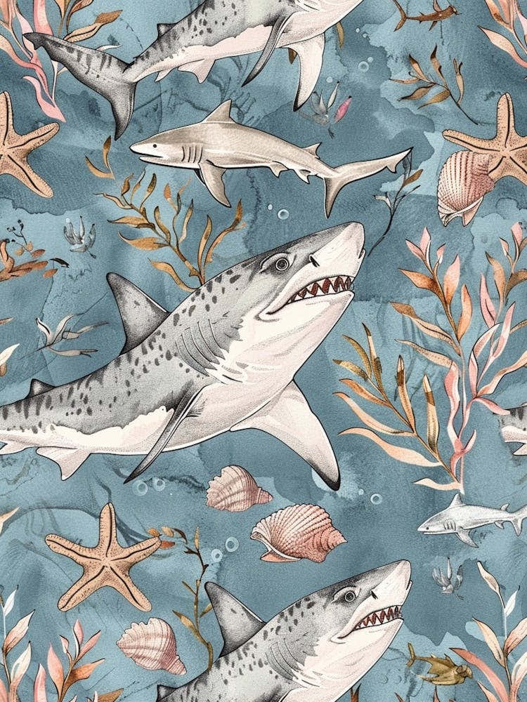 Pastel Blue Tiger Shark Watercolour Seascape Pattern 3