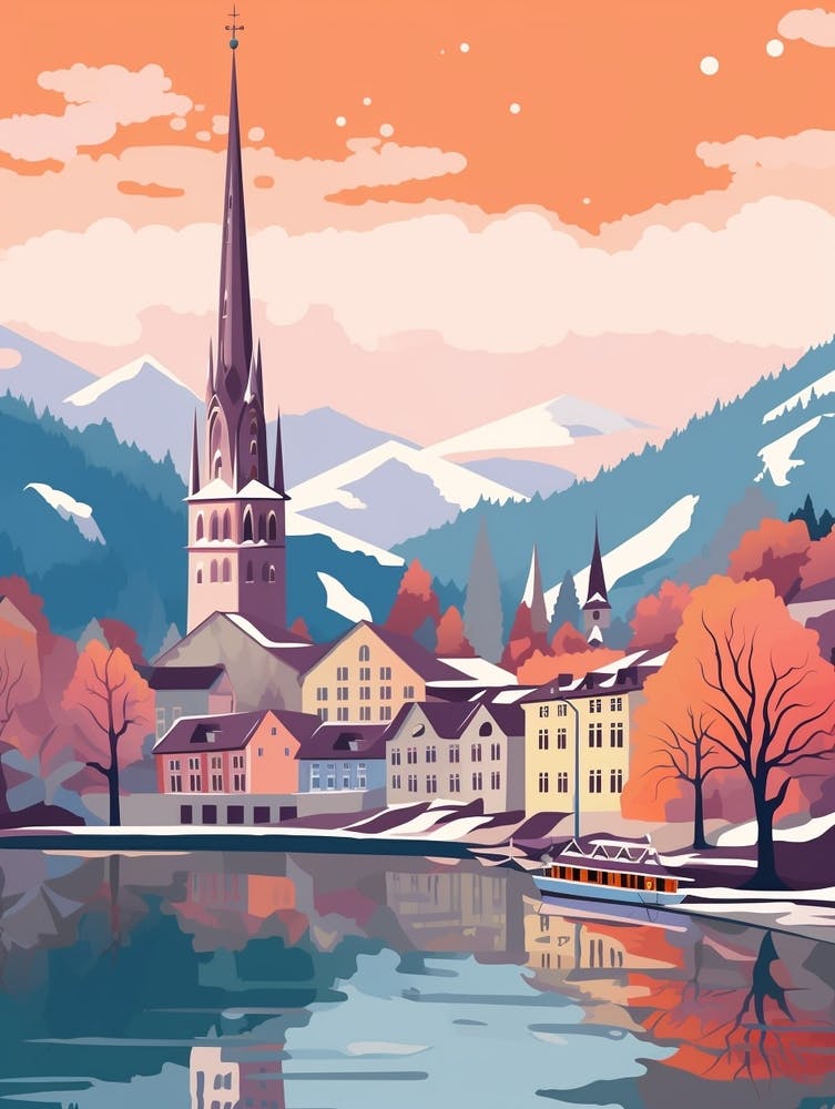 Vintage Winter Travel Illustration Lucerne Switzerland 4