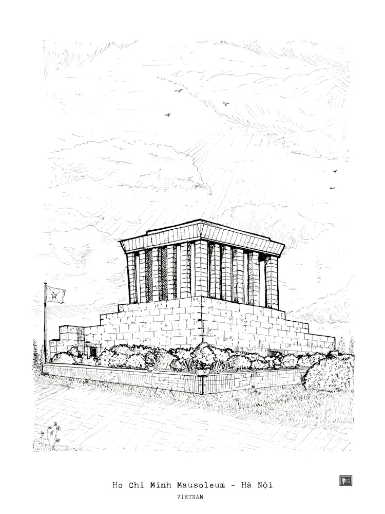 Ho Chi Minh Mausoleum Hanoi Vietnam Architecture Pen Ink Drawing