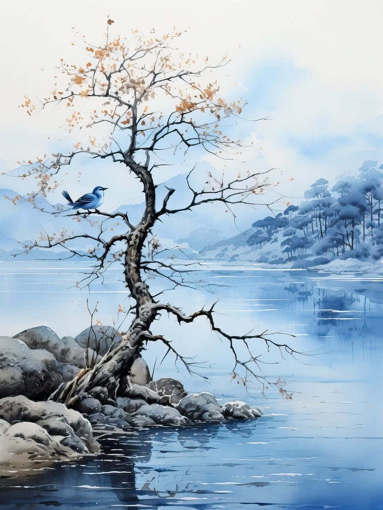 Lake Biwa In Shiga, Japanese Brush Painting, Ukiyo E, Minimal 3