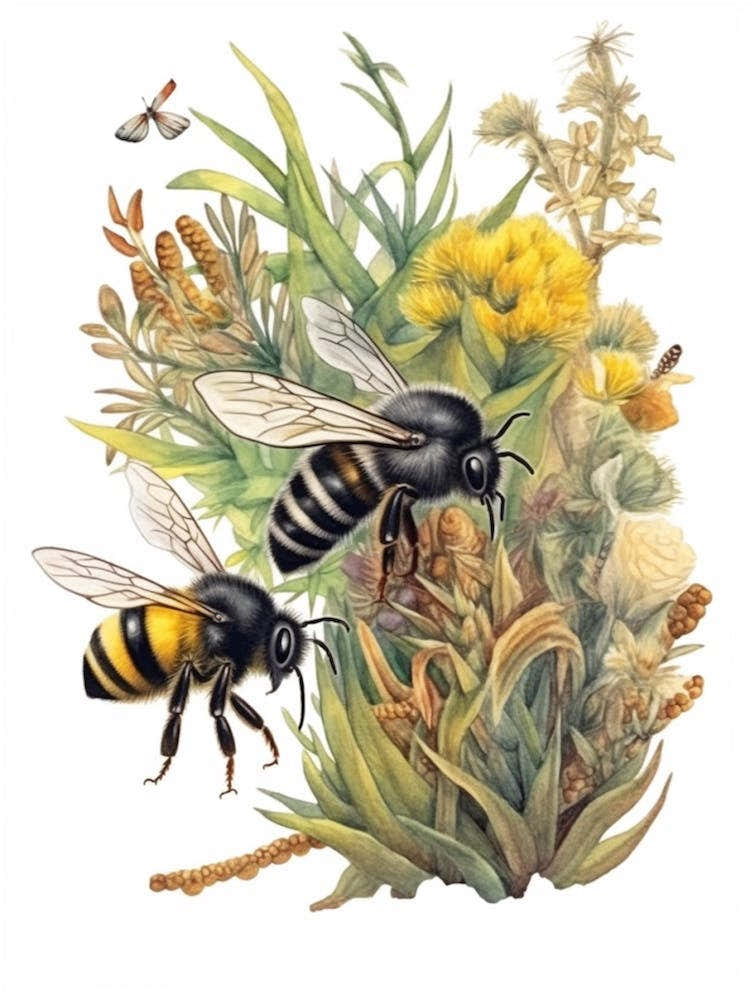 Black Tailed Bumble Bee Beehive Watercolour Illustration  1