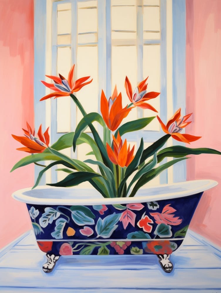 A Bathtube Full Of Bird Of Paradise In A Bathroom 4