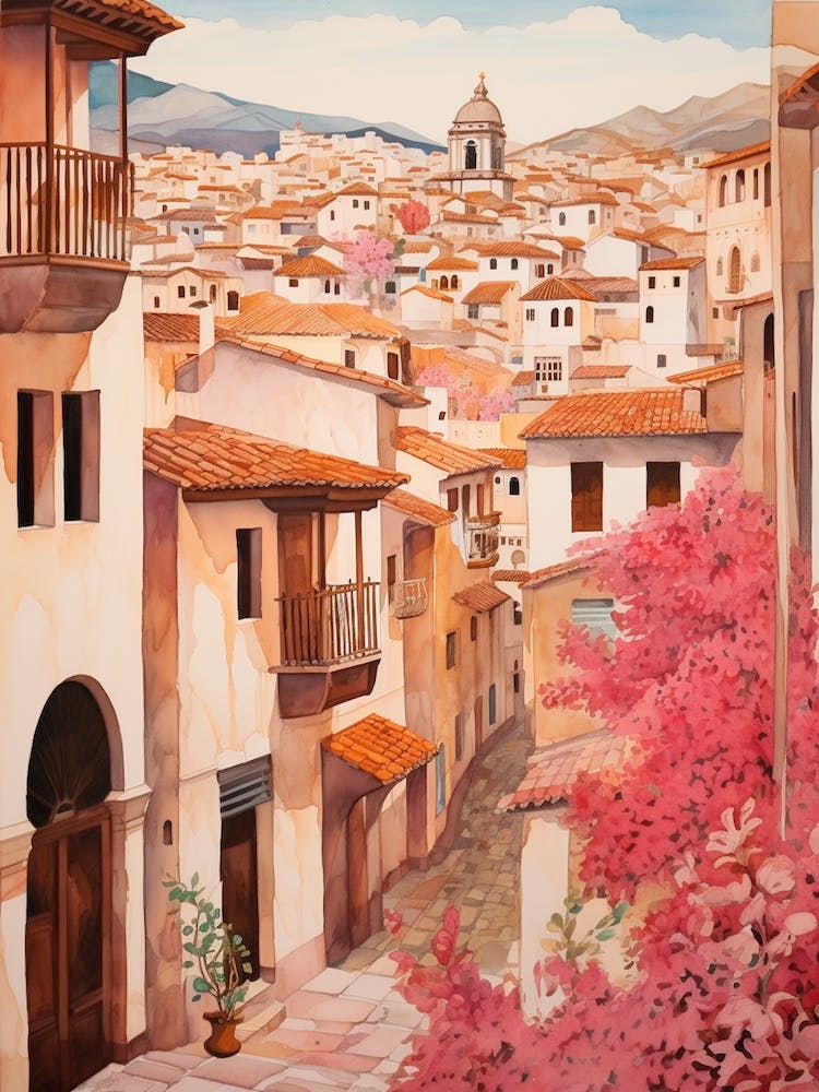 Granada Spain 7 Vintage Pink Travel Illustration
