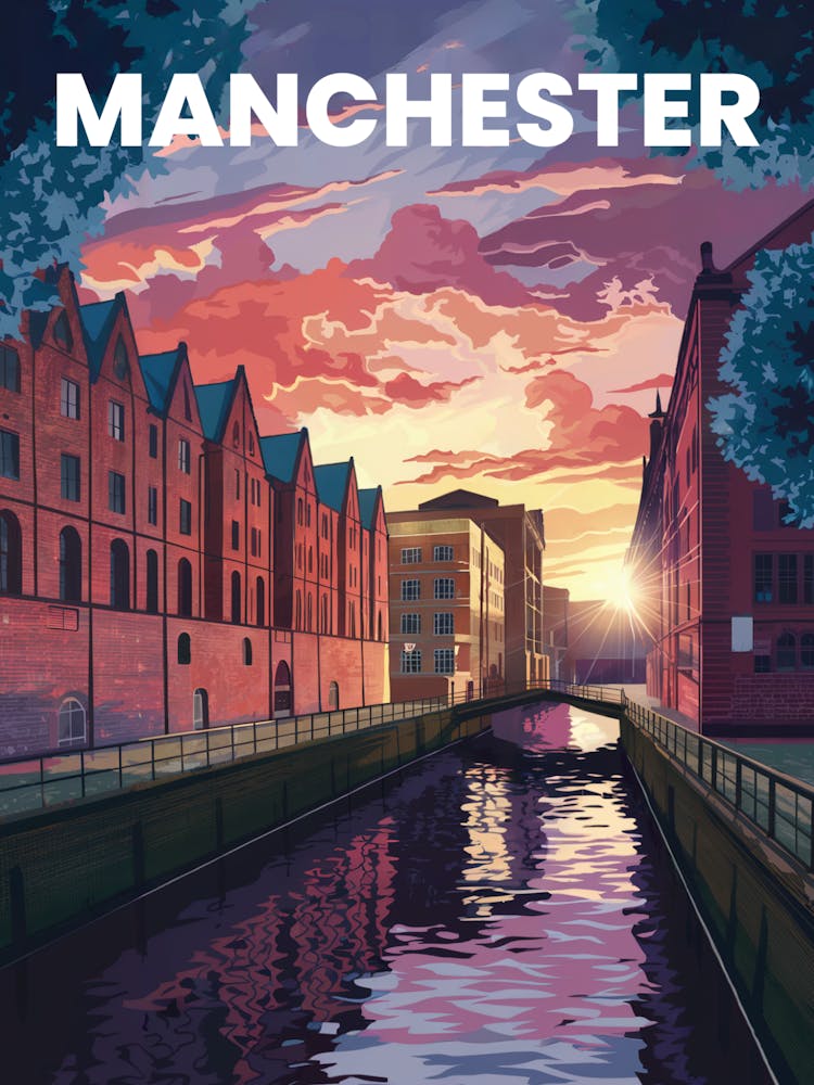 Anime Canvas Art: Industrial Manchester Cityscape with Red-Brick Buildings, Canals, and Reflections, Ideal for Lofi Urban and Nostalgic Decor Fans.