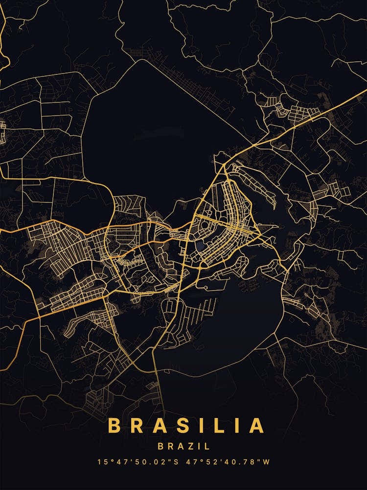 Brasilia Federal District Brazil Zoomed Black And Gold Map