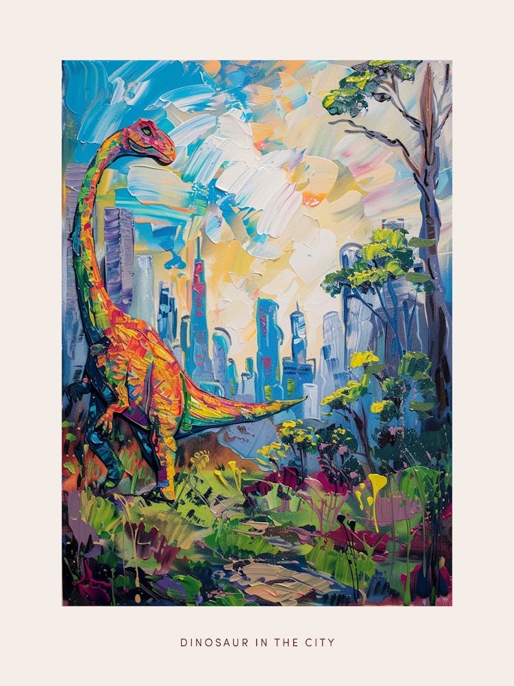 Colourful Dinosaur Cityscape Painting 1 Poster