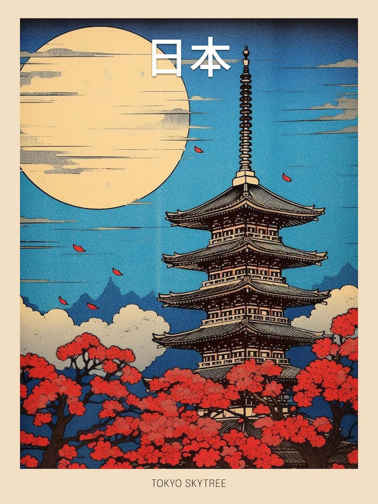 Tokyo Skytree, Japan Vintage Travel Art 4 Poster