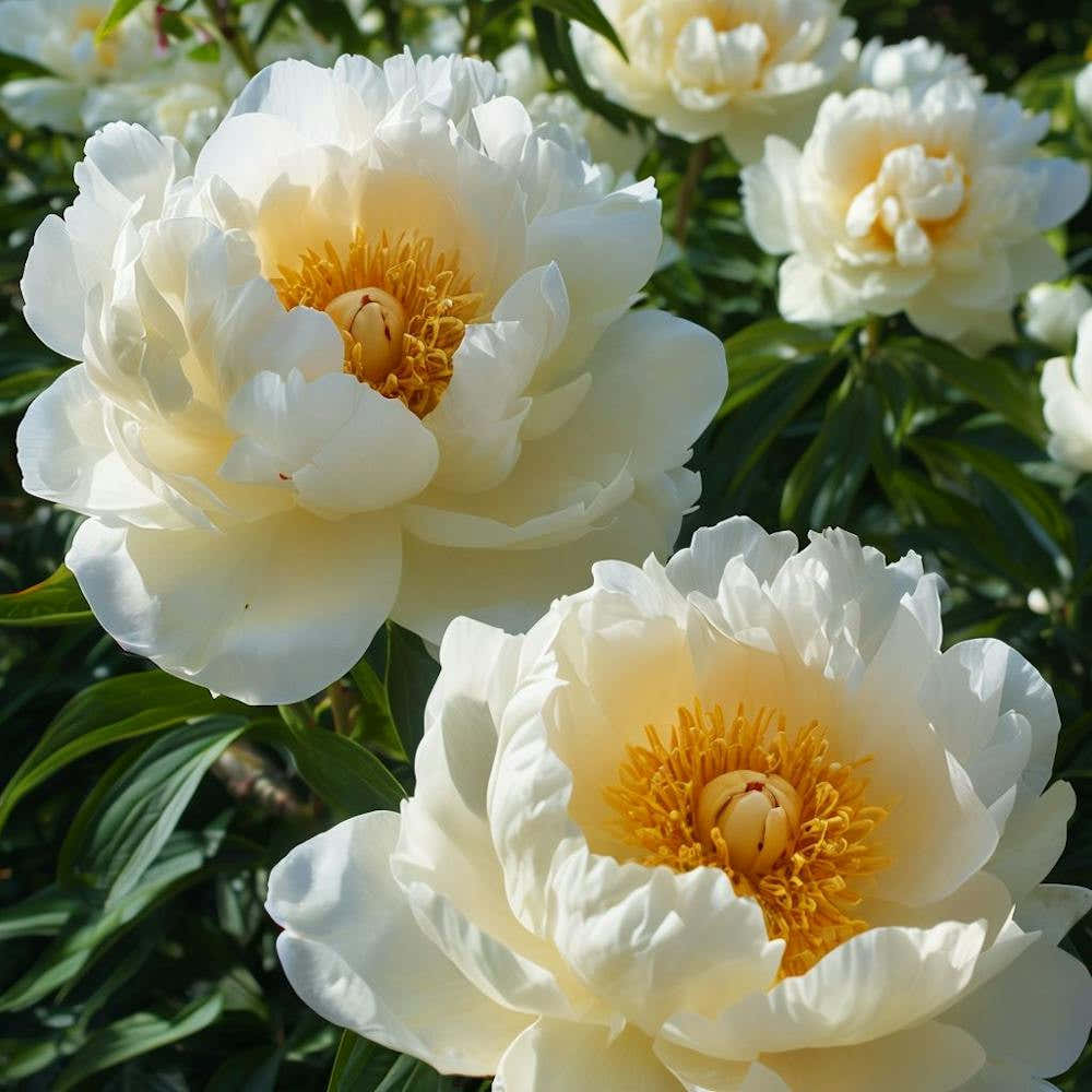Close Up Of White Peonies With Golden Centers In Sunlight 1