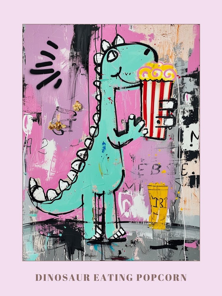 Dinosaur Eating Popcorn Purple Graffiti Style 1 Poster