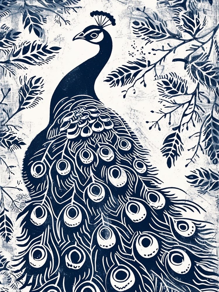 Navy Blue & White Peacock Linocut Inspired Portrait 2