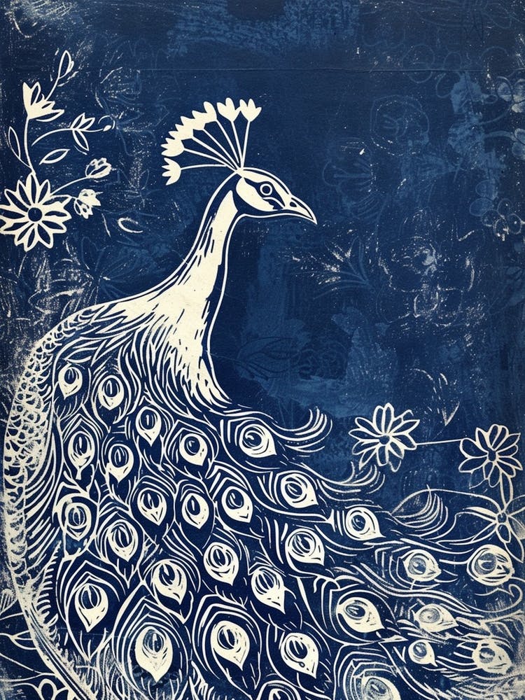 Navy & Cream Linocut Inspired Peacock In The Plants 4