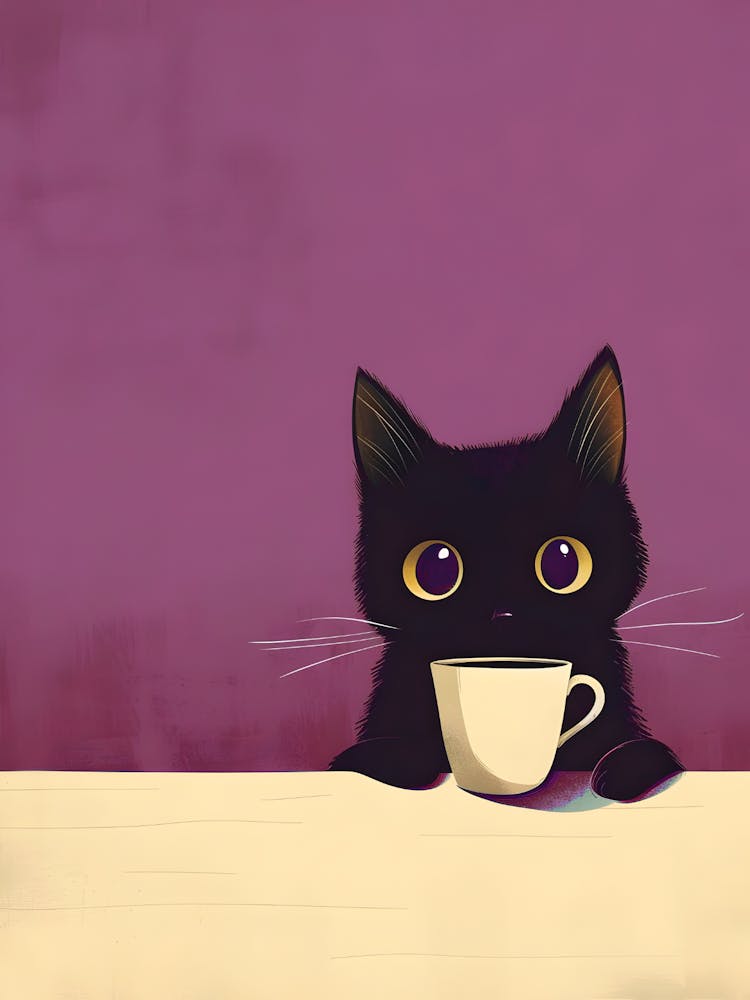 Cute Black Cat With A Cup Of Coffee