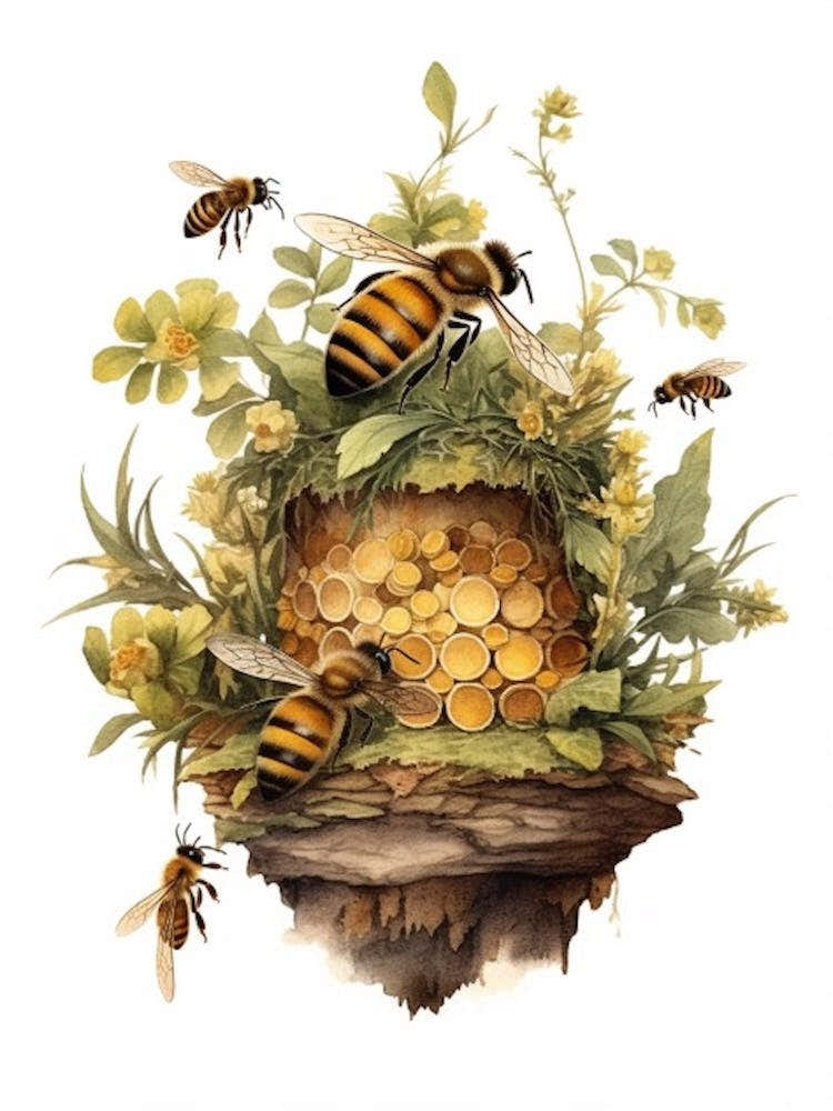 European Honey Bee Beehive Watercolour Illustration 3