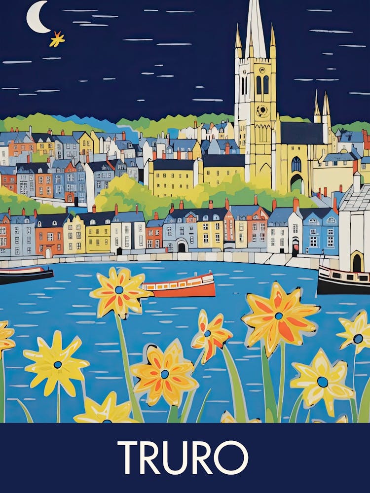 Truro England Night Travel Print Painting Cute