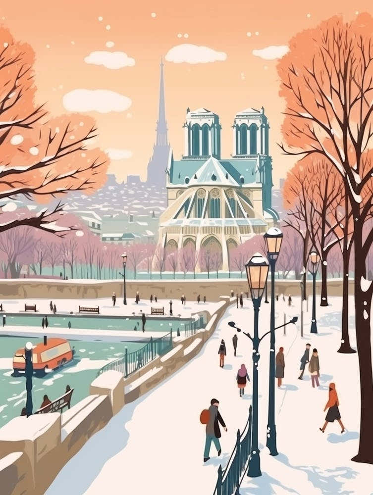 Vintage Winter Travel Illustration Paris France 1