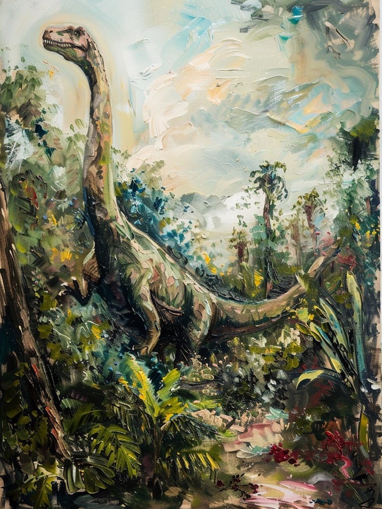 Dinosaur In A Leafy Landscape Painting