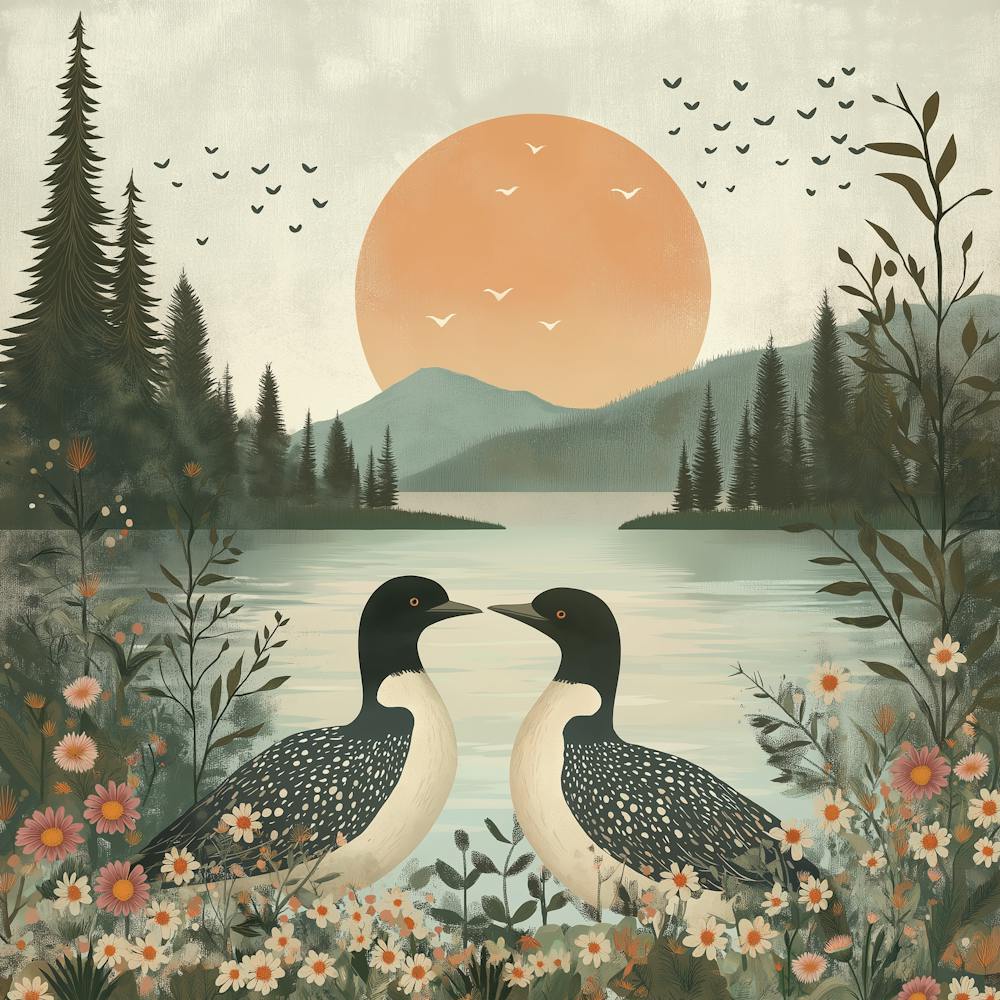 A Pair Of Loons In The Foreground Surrounded By Wildflowers And Pine Trees Along An Oversized Lake Backdrop