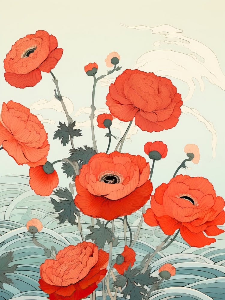 Great Wave With Ranunculus Flower Drawing In The Style Of Ukiyo E 4