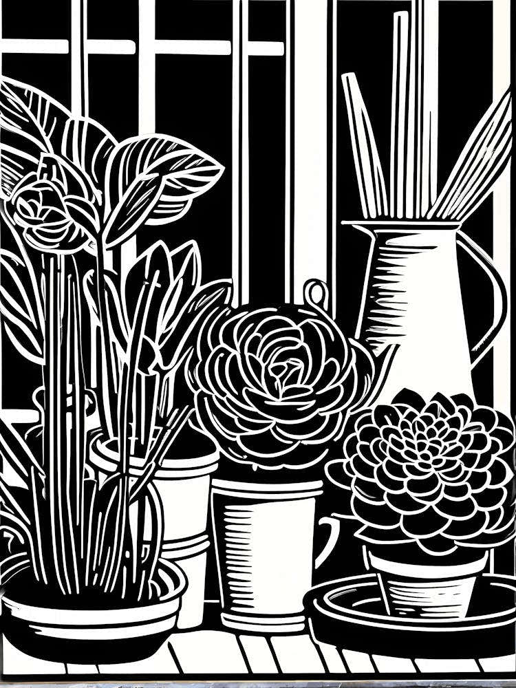 Lion cut inspired Black and white Garden plants & flowers art, Gardening art, 240