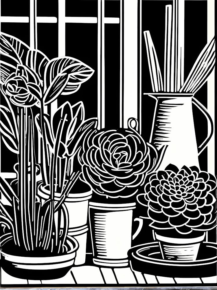 Lion cut inspired Black and white Garden plants & flowers art, Gardening art, 240