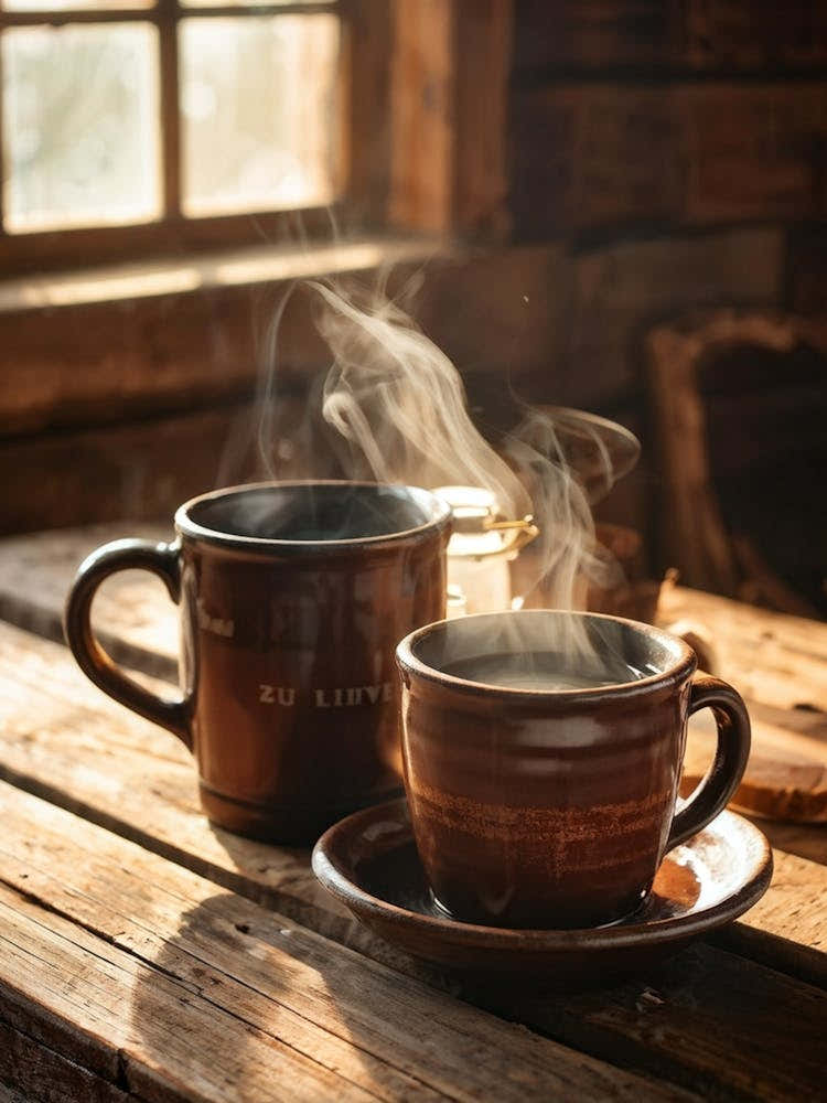 Coffee And Tea On Wooden Table