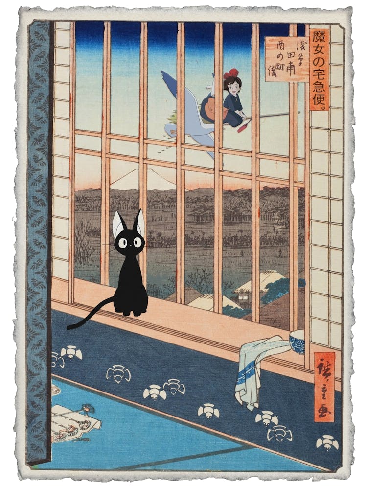 Jiji at the Window - Kiki's Delivery Service - Japanese Print - Studio Ghibli Mashup