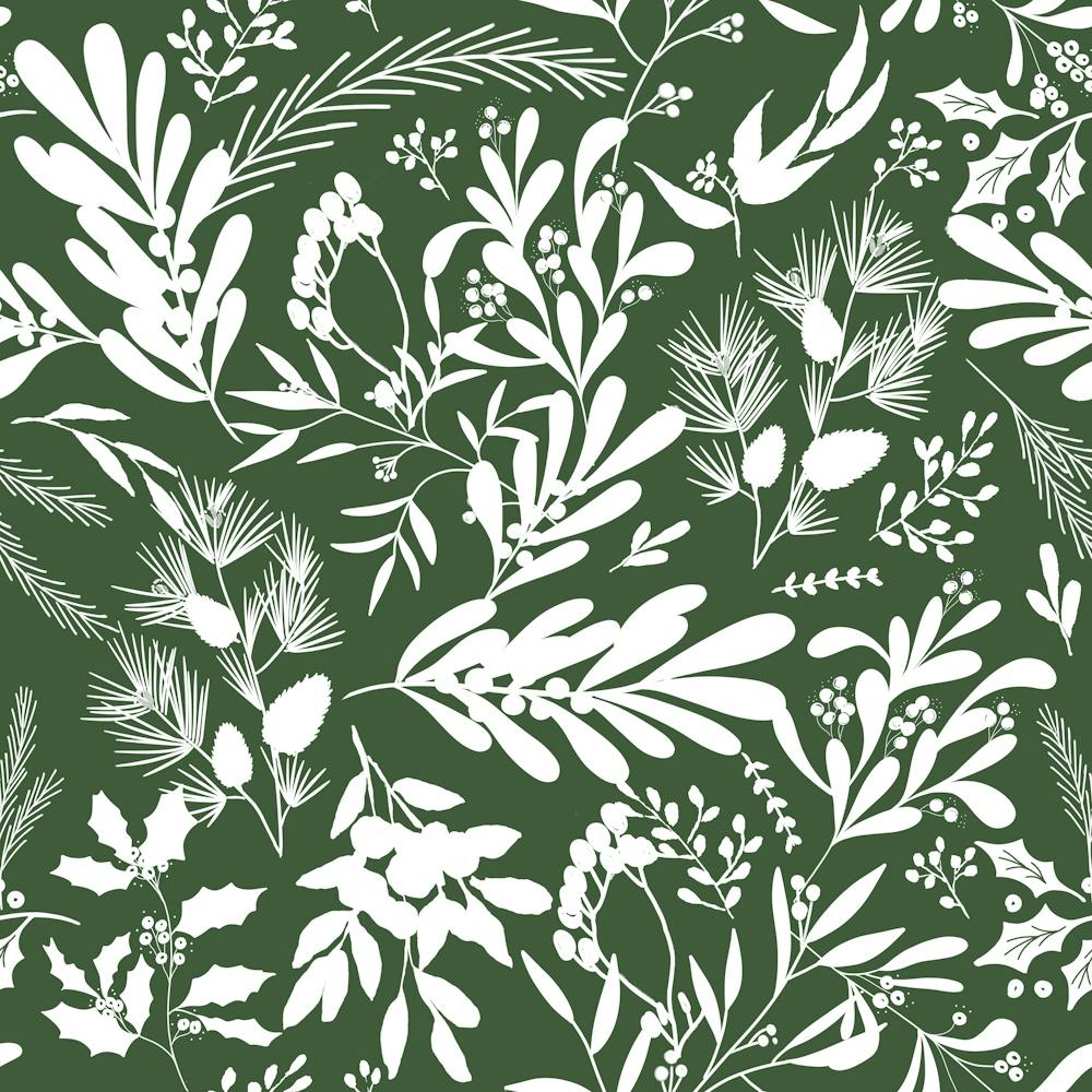 Christmas Botanical Leaves - Dark Green White