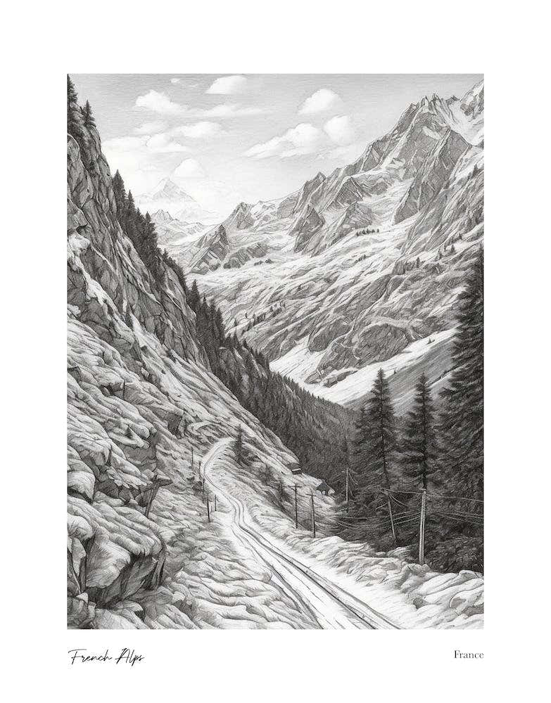 French Alps France Pencil Sketch 5 Watercolour Travel Poster
