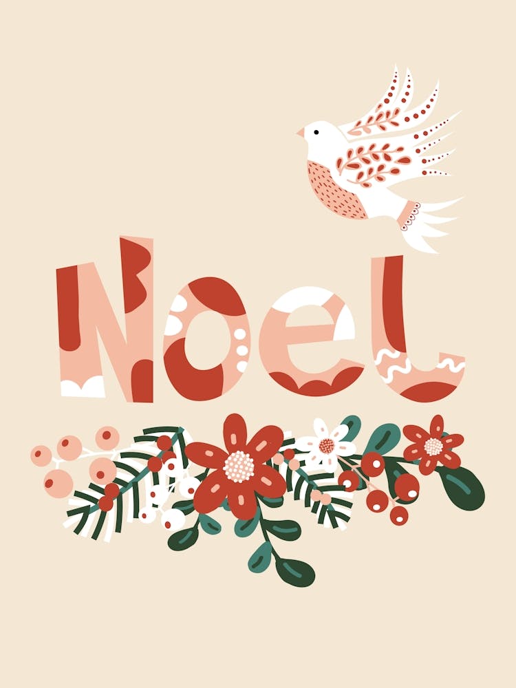 Noel Folk Art Christmas Dove and Winter Florals on Cream White