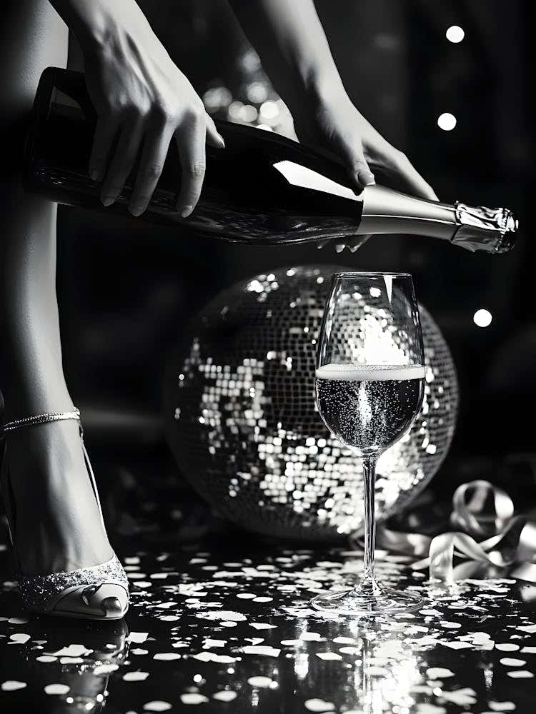 Black And White Image Of Woman Pouring Champagne