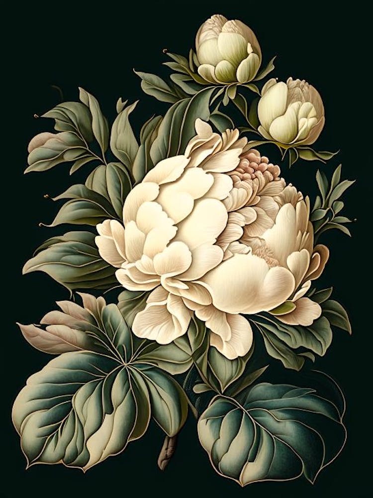 Gardenia Peonies Black Vintage Botanical