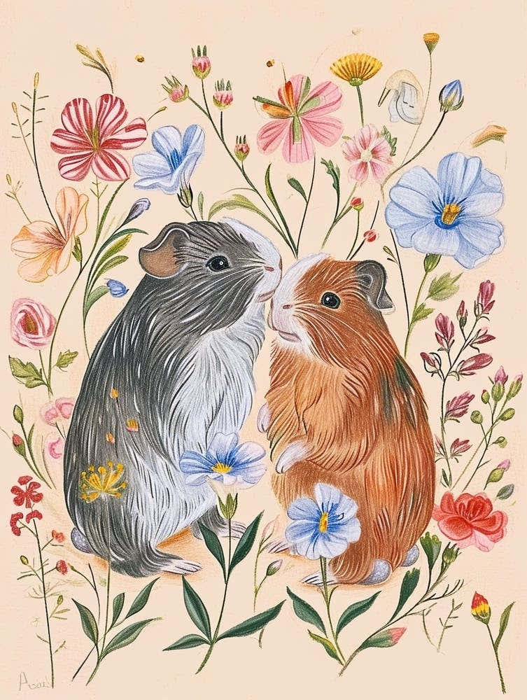 Folksy Floral Animal Drawing Guinea Pig 2