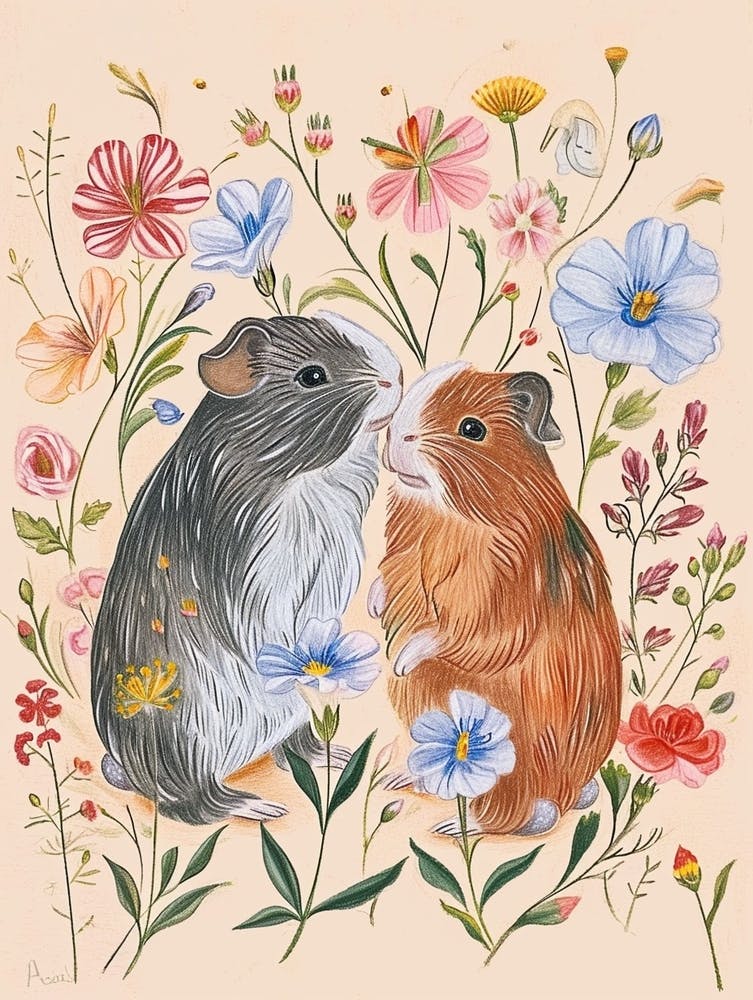 Folksy Floral Animal Drawing Guinea Pig 2