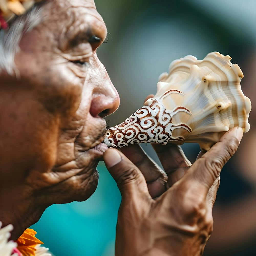 Hawaiian Man Blowing A Shell