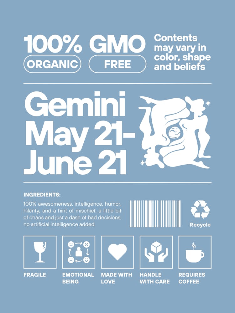 Gemini Wall Art | Gemini Nurtriton Facts Wall Art |Blue Zodiac Decor | Dorm, Office, Living Room, Bedroom, Apartment Wall Art | Trendy Preppy Colorful Maximalists |