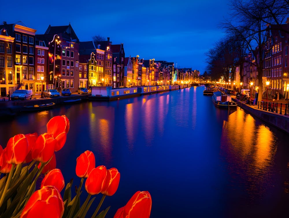 Amsterdam Night Canal Print with Red Tulips - Romantic European Cityscape