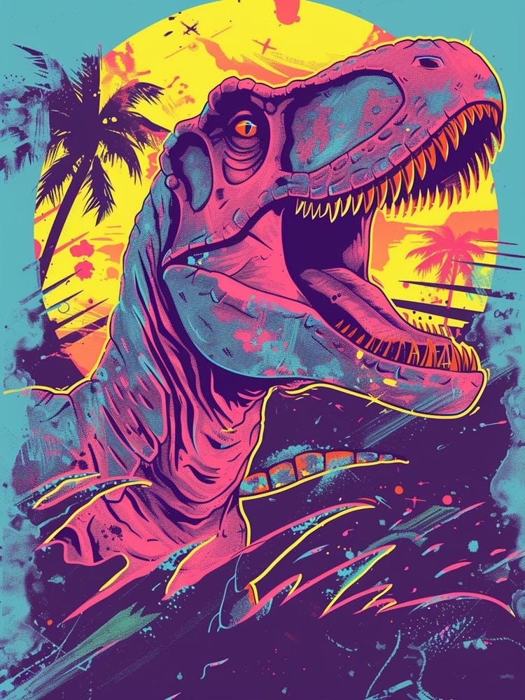 Neon Graphic Palm Tree Dinosaur Portrait