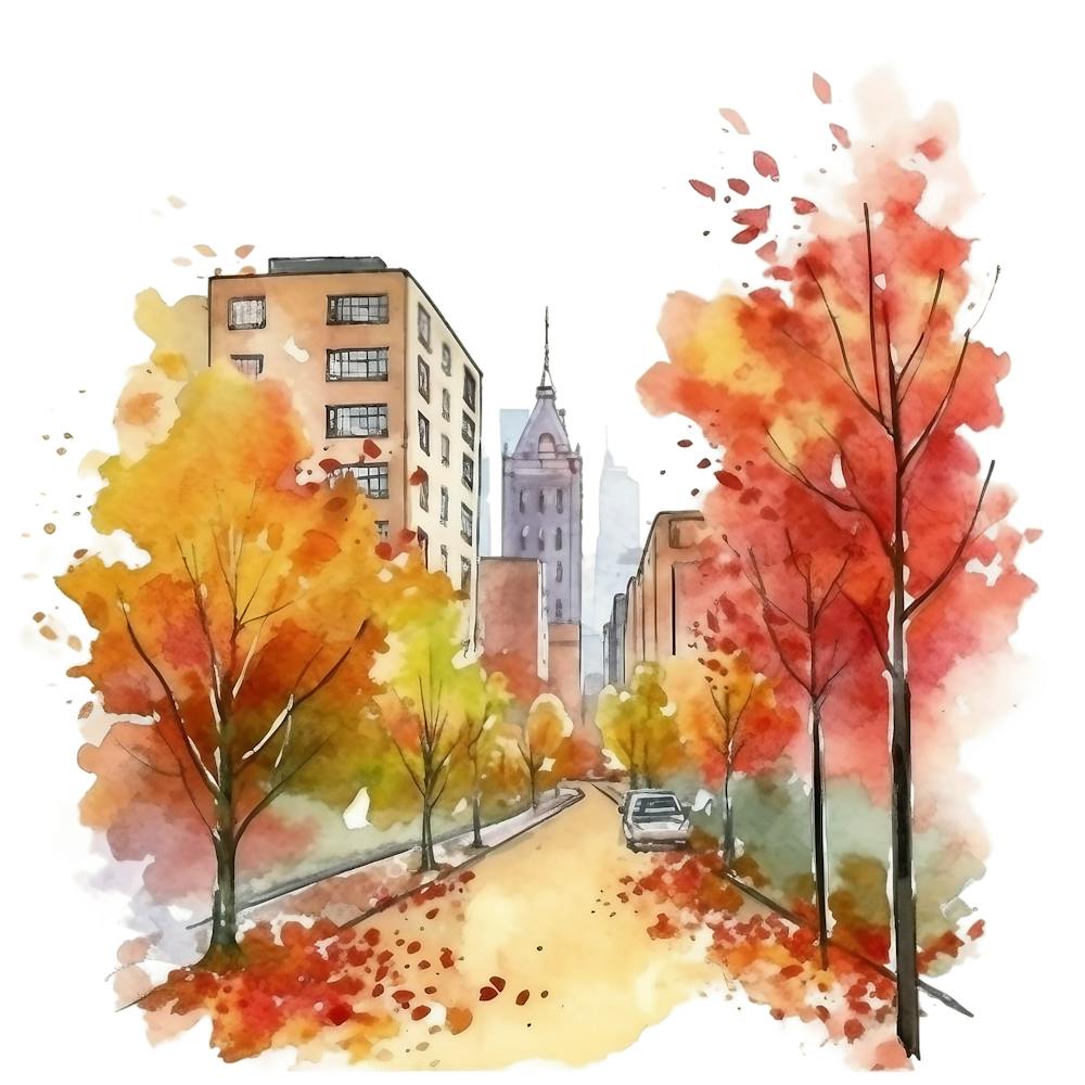 Watercolor Autumn Street 3
