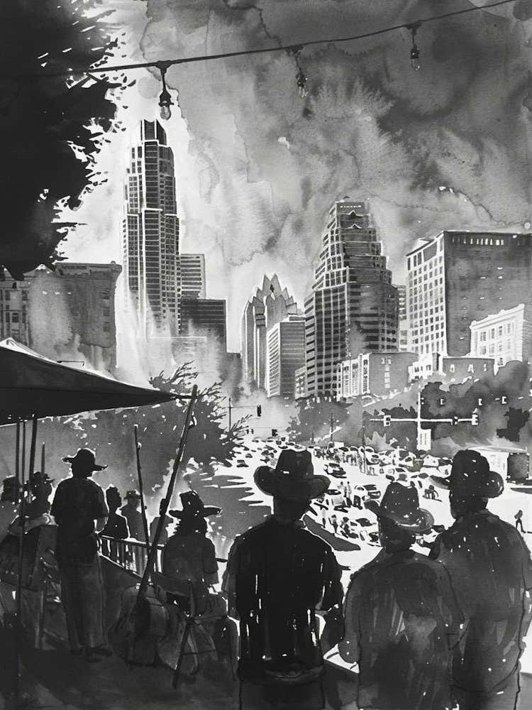 Live Music Scene Austin Texas Black And White Watercolour 2