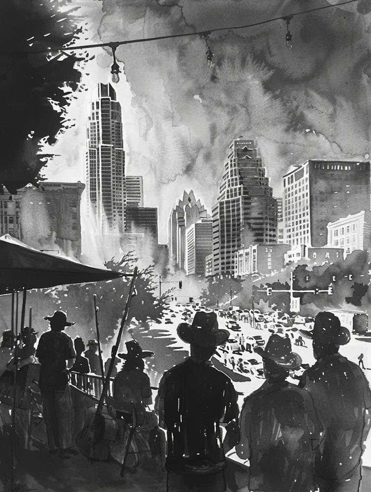 Live Music Scene Austin Texas Black And White Watercolour 2