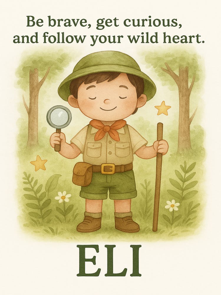 Forest Explorer Wall Art - Personalized Adventure Poster for Kids Room with Name 'Eli'