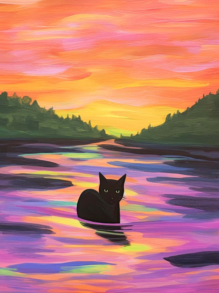 Cat In Colourful Lake Painting