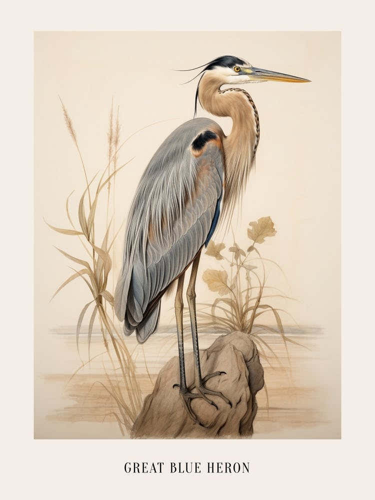 Vintage Bird Drawing Great Blue Heron 1 Poster