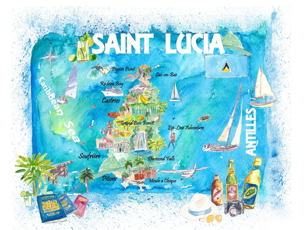 Saint Lucia West Indies Illustrated Travel Map With Roads And Highlights