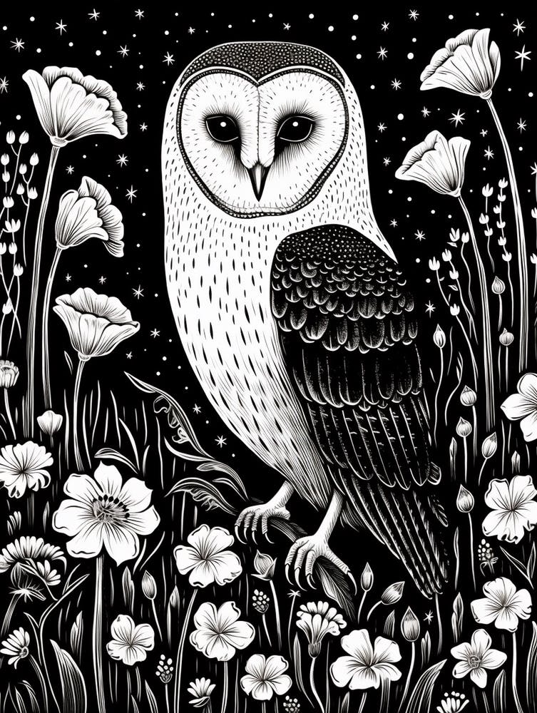 B&W Bird Linocut Barn Owl 1