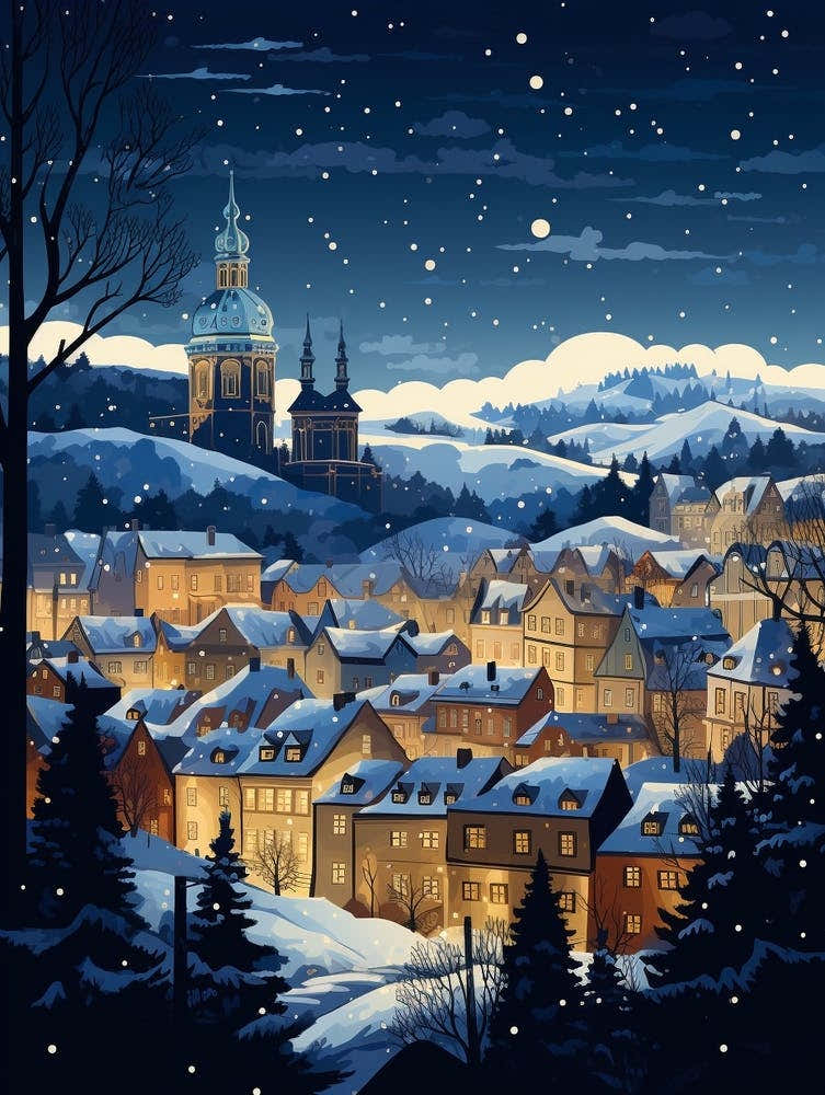 Winter Travel Night Illustration Cesky Krumloy Czechia